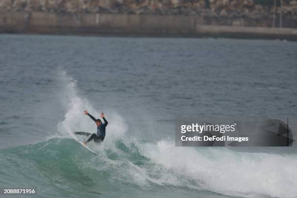 Leonardo Fioravanti from Italy competes in round of 16 Heat 3 during the MEO Rip Curl Pro Portugal on March 16, 2024 in Peniche, Portugal.