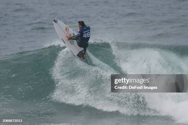 Leonardo Fioravanti from Italy competes in round of 16 Heat 3 during the MEO Rip Curl Pro Portugal on March 16, 2024 in Peniche, Portugal.