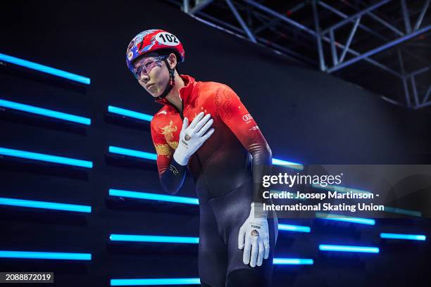 Long Sun of China prepares in the Men's 1500m final during ISU World Short Track Speed Skating Championships 2024 at AHOY Arena on March 16, 2024 in...