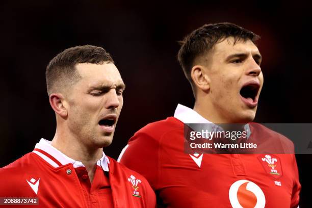 George North of Wales cries whilst singing the national anthem prior to kick-off ahead of the Guinness Six Nations 2024 match between Wales and Italy...