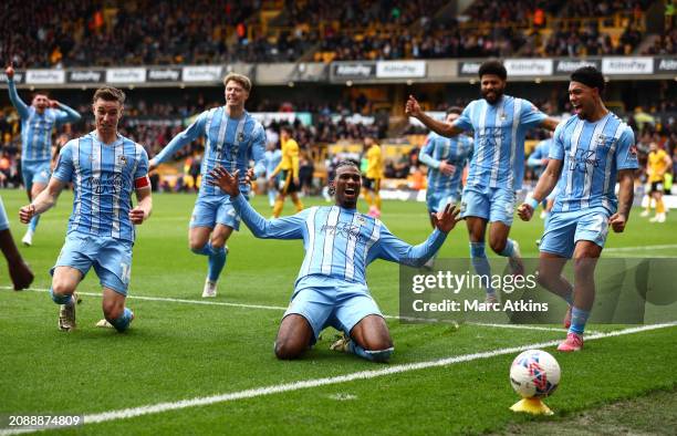 Haji Wright of Coventry City celebrates with teammates after scoring his team's third goal during the Emirates FA Cup Quarter Final match between...