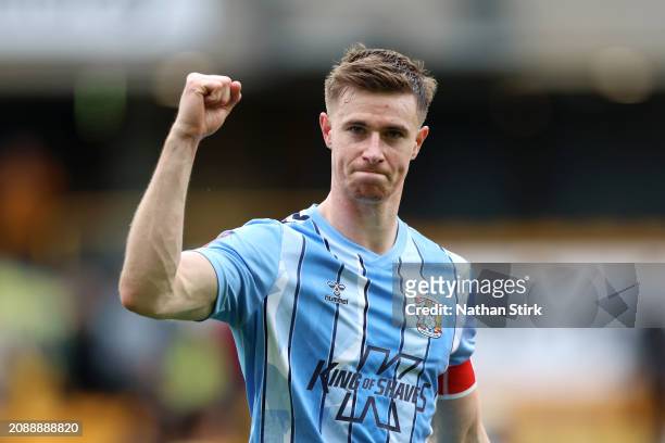 Ben Sheaf of Coventry City celebrates at full-time after the team's victory in the the Emirates FA Cup Quarter Final match between Wolverhampton...