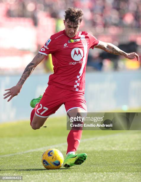 Daniel Maldini of AC Monza kicks the ball during the Serie A TIM match between AC Monza and Cagliari at U-Power Stadium on March 16, 2024 in Monza,...