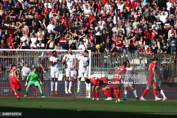 Daniel Maldini of AC Monza scores his team's first goal from a freekick during the Serie A TIM match between AC Monza and Cagliari at U-Power Stadium...