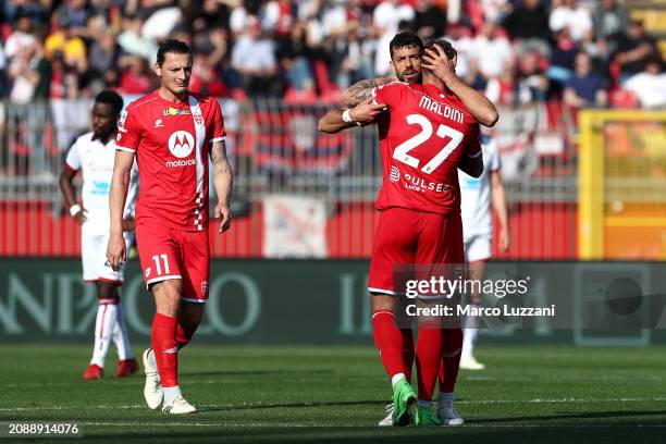 Daniel Maldini of AC Monza celebrates scoring his team's first goal with teammate Dany Mota during the Serie A TIM match between AC Monza and...