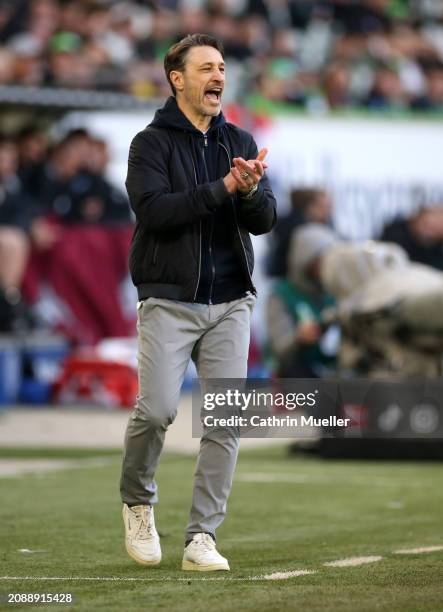 Niko Kovac, Head Coach of VfL Wolfsburg, reacts during the Bundesliga match between VfL Wolfsburg and FC Augsburg at Volkswagen Arena on March 16,...