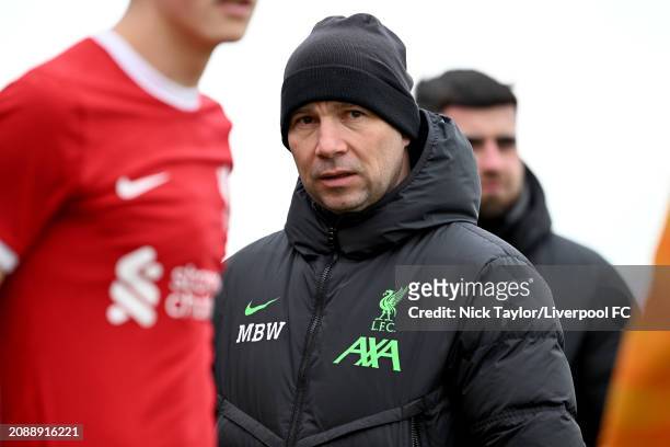 Manager Marc Bridge-Wilkinson of Liverpool during the U18 Premier League game at AXA Training Centre on February 16, 2024 in Kirkby, England.