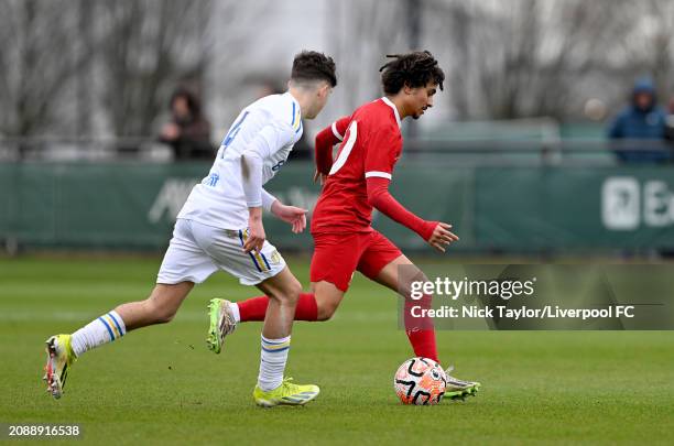 Kareem Ahmed of Liverpool in action during the U18 Premier League game at AXA Training Centre on February 16, 2024 in Kirkby, England.