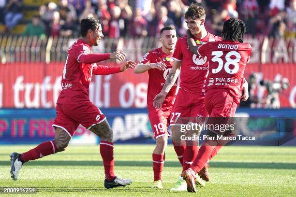 Daniel Maldini of AC Monza celebrates with his teammates his first goal during the Serie A TIM match between AC Monza and Cagliari at U-Power Stadium...