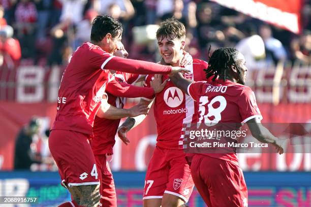 Daniel Maldini of AC Monza celebrates with his teammates his first goal during the Serie A TIM match between AC Monza and Cagliari at U-Power Stadium...