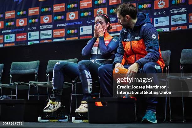 Suzanne Schulting of Netherlands reacts after being penalised in the Women's 500m semi-final during ISU World Short Track Speed Skating Championships...