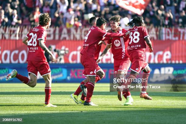 Daniel Maldini of AC Monza celebrates with his teammates his first goal during the Serie A TIM match between AC Monza and Cagliari at U-Power Stadium...