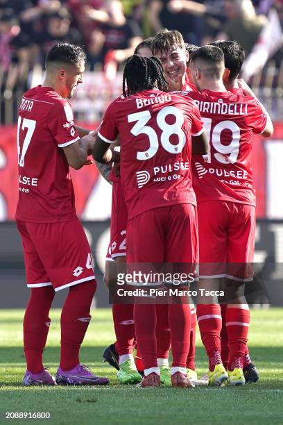 Daniel Maldini of AC Monza celebrates with his teammates his first goal during the Serie A TIM match between AC Monza and Cagliari at U-Power Stadium...