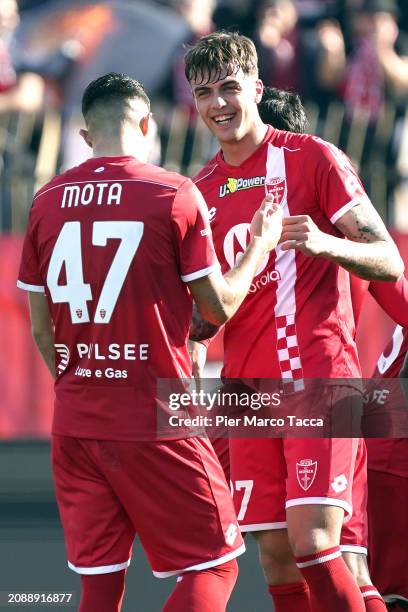 Daniel Maldini of AC Monza celebrates with his teammate Dany Carvalho Mota his first goal during the Serie A TIM match between AC Monza and Cagliari...
