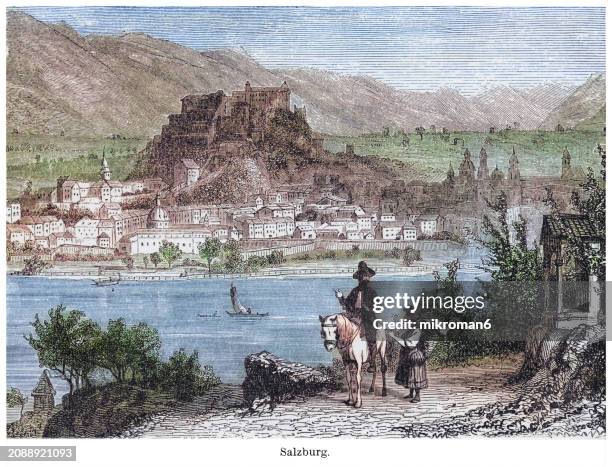 old engraved illustration of of salzburg, fourth-largest city in austria - town stock illustrations stock pictures, royalty-free photos & images