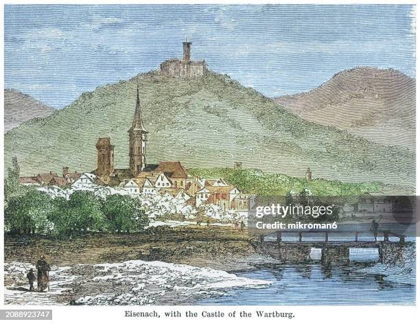 old engraved illustration of eisenach with castle the wartburg castle (die wartburg) - thuringia stock pictures, royalty-free photos & images
