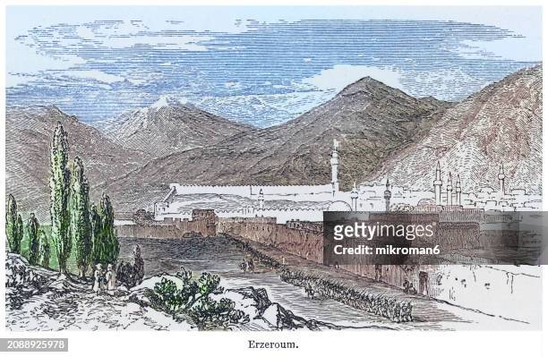 old engraved illustration of the erzurum, a city in eastern anatolia, turkey (the largest city and capital of erzurum province) - province stock pictures, royalty-free photos & images