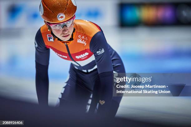 Suzanne Schulting of Netherlands prepares in the Women's 500m semi-final during ISU World Short Track Speed Skating Championships 2024 at AHOY Arena...