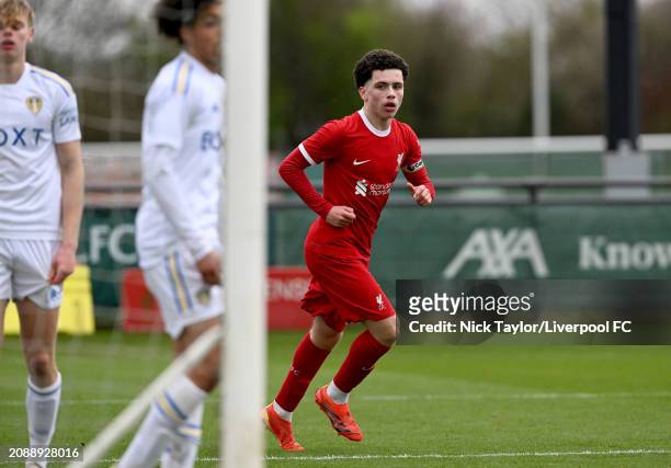 Kieran Morrison of Liverpool scores Liverpool's only goal of the game during the U18 Premier League game at AXA Training Centre on February 16, 2024...