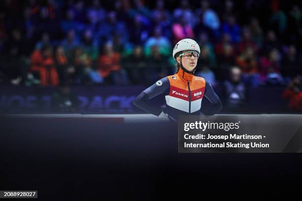 Selma Poutsma of Netherlands prepares in the Women's 500m semi-final during ISU World Short Track Speed Skating Championships 2024 at AHOY Arena on...