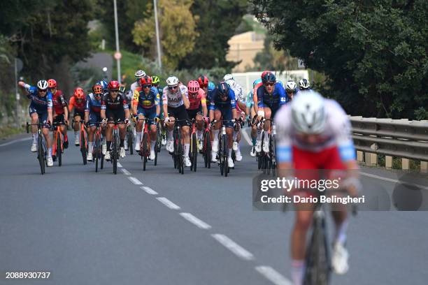 Kasper Asgreen of Denmark and Team Soudal Quick-Step, Matteo Trentin of Italy and Tudor Pro Cycling Team, Toms Skujins of Latvia and Team Lidl -...