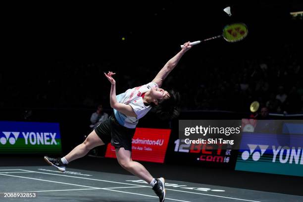 Akane Yamaguchi of Japan competes in the Women's Singles Semi Finals match against An Se Young of Korea during day five of the Yonex All England Open...