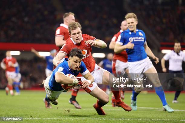 Lorenzo Pani of Italy scores his team's second try during the Guinness Six Nations 2024 match between Wales and Italy at Principality Stadium on...