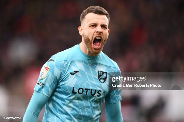Angus Gunn of Norwich City celebrates the goal to make it 0- during the Sky Bet Championship match between Stoke City and Norwich City at Bet365...