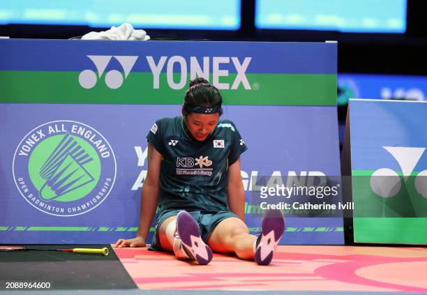 An SE Young of Korea reacst during the Women's Singles Semi Final against Akane Yamaguchi of Japanduring Day Five of the Yonex All England Open...