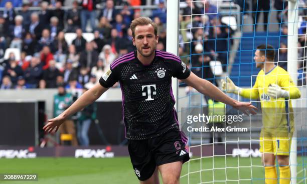 Harry Kane of Bayern Munich celebrates scoring his team's second goal during the Bundesliga match between SV Darmstadt 98 and FC Bayern München at...
