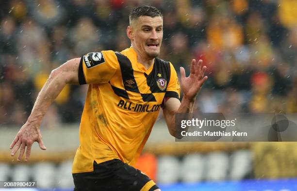 Stefan Kutschke of Dresden reacts during the 3. Liga match between Dynamo Dresden and SSV Ulm 1846 at Rudolf-Harbig-Stadion on March 16, 2024 in...