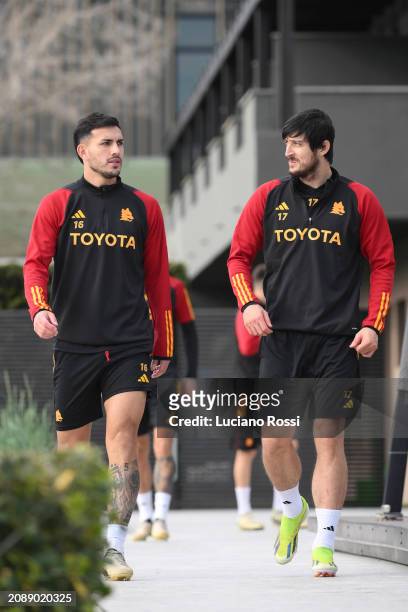 Roma players Leandro Paredes and Sardar Azmoun during training session at Centro Sportivo Fulvio Bernardini on March 16, 2024 in Rome, Italy.