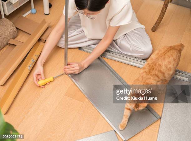 woman sitting on the floor assembling cabinet - accompanying stock pictures, royalty-free photos & images