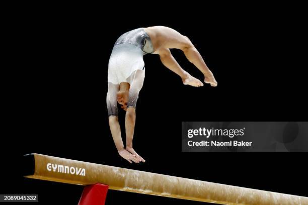 Ondine Achampong of Aylesbury Gymnastics Academy competes on the Beam in the Womens Artistic Senior All-Around - Subdivision Two during Day Three of...