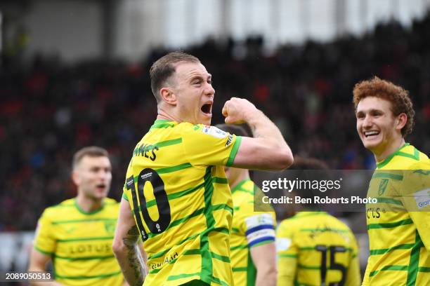 Ashley Barnes of Norwich City celebrates his goal to make it 0-3 during the Sky Bet Championship match between Stoke City and Norwich City at Bet365...