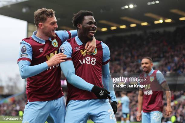 Datro Fofana of Burnley celebrates scoring his team's second goal during the Premier League match between Burnley FC and Brentford FC at Turf Moor on...