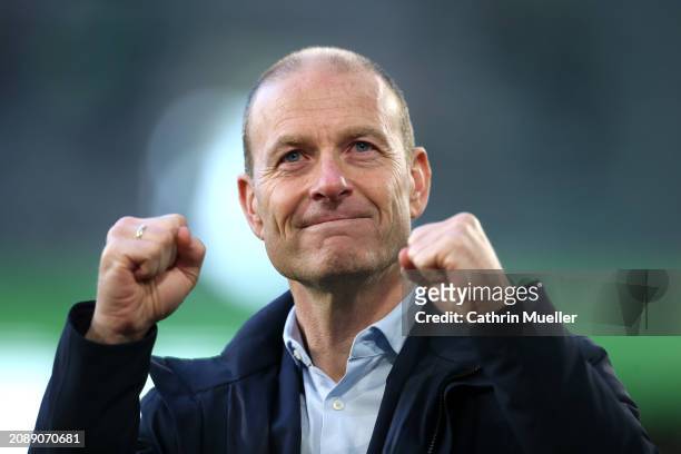 Jess Thorup, Head Coach of FC Augsburg, celebrates victory in the Bundesliga match between VfL Wolfsburg and FC Augsburg at Volkswagen Arena on March...