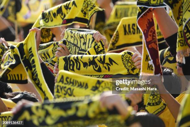 Supporters of Kashiwa Reysol cheer during the J.LEAGUE MEIJI YASUDA J1 4th Sec. Match between Kashiwa Reysol and Nagoya Grampus at SANKYO FRONTIER...