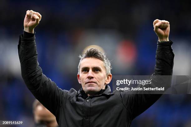 Ipswich Town manager, Kieran McKenna celebrates after the Sky Bet Championship match between Ipswich Town and Sheffield Wednesday at Portman Road on...