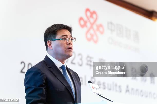 Chen Zhongyue, chairman and chief executive officer of China Unicom Hong Kong Ltd., during a news conference in Hong Kong, China, on Tuesday, March...