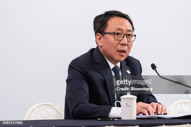 Liang Baojun, senior vice president of China Unicom Hong Kong Ltd., during a news conference in Hong Kong, China, on Tuesday, March 19, 2024. China...