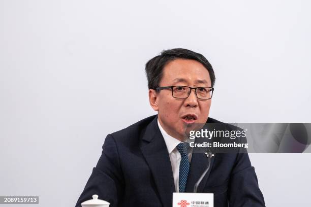Liang Baojun, senior vice president of China Unicom Hong Kong Ltd., during a news conference in Hong Kong, China, on Tuesday, March 19, 2024. China...