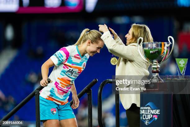 Hanna Lundkvist of San Diego Wave FC receives her medal after the 2024 NWSL Challenge Cup against NJ/NY Gotham FC at Red Bull Arena on March 15, 2024...