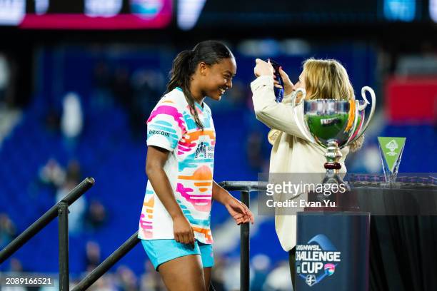 Jaedyn Shaw of San Diego Wave FC receives her medal after the 2024 NWSL Challenge Cup against NJ/NY Gotham FC at Red Bull Arena on March 15, 2024 in...