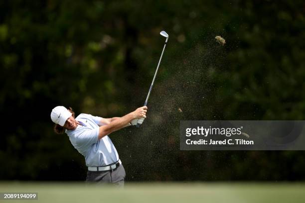 Tommy Fleetwood of England plays a shot on the 14th hole during the third round of THE PLAYERS Championship at TPC Sawgrass on March 16, 2024 in...