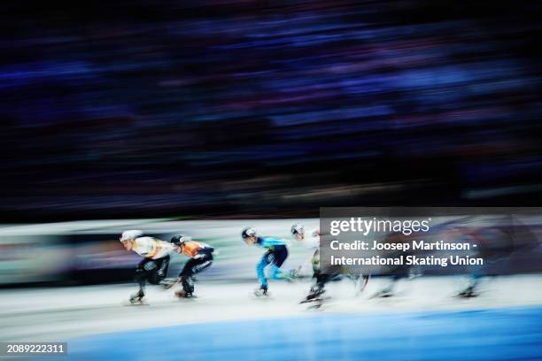 Stijn Desmet of Belgium leads the pack in the Men's 5000m Relay semi-final during ISU World Short Track Speed Skating Championships 2024 at AHOY...