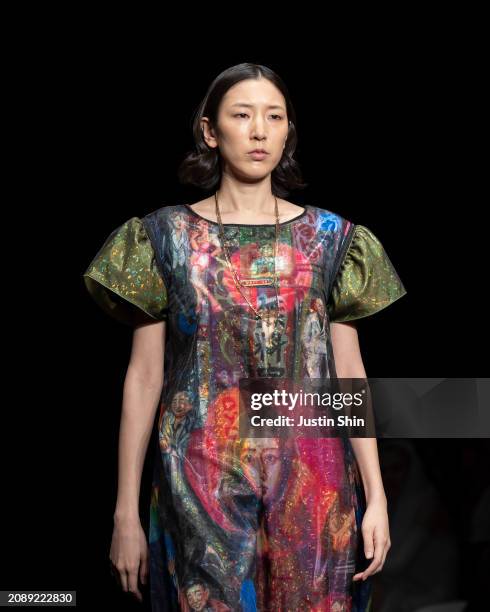 Model, look detail, walks the runway in a design by Dr. Maaya of Global Fashion Collective during the Rakuten Fashion Week TOKYO 2024 A/W on March...