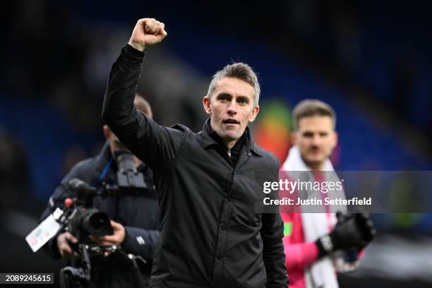 Ipswich Town manager, Kieran McKenna celebrates after the Sky Bet Championship match between Ipswich Town and Sheffield Wednesday at Portman Road on...