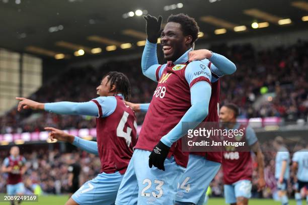 Datro Fofana of Burnley celebrates scoring his team's second goal during during the Premier League match between Burnley FC and Brentford FC at Turf...