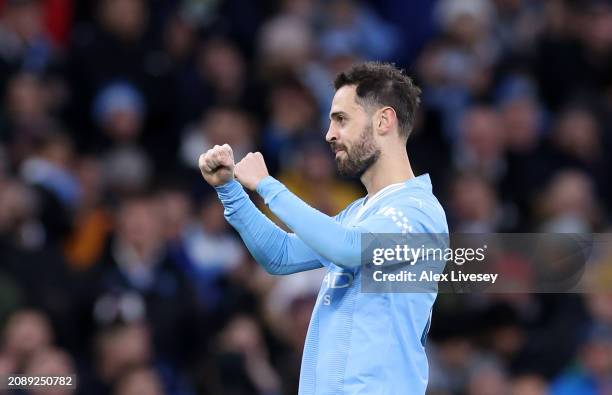 Bernardo Silva of Manchester City celebrates scoring his team's second goal during the Emirates FA Cup Quarter Final match between Manchester City...